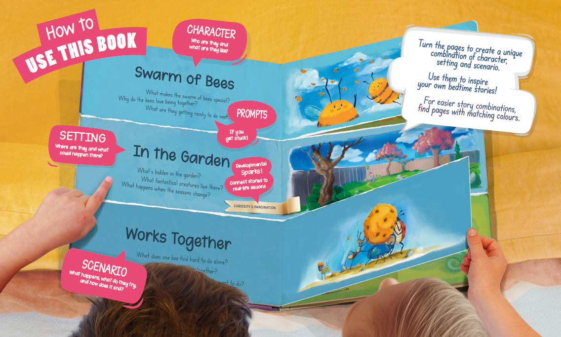 Instructions on how to use the story sparks books to create your own impromptu bedtime stories. Plus details about the prompts to make it easy to tell stories
